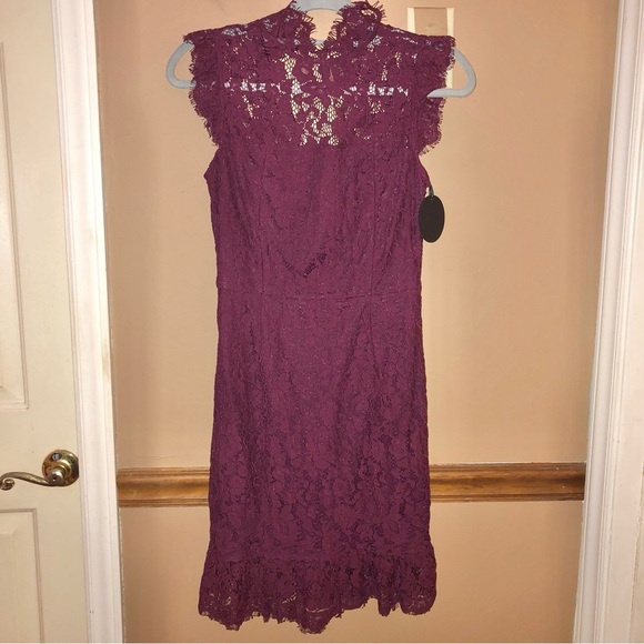 Storia High Neck Lace Mini Dress burgundy red size small - Picture 2 of 7